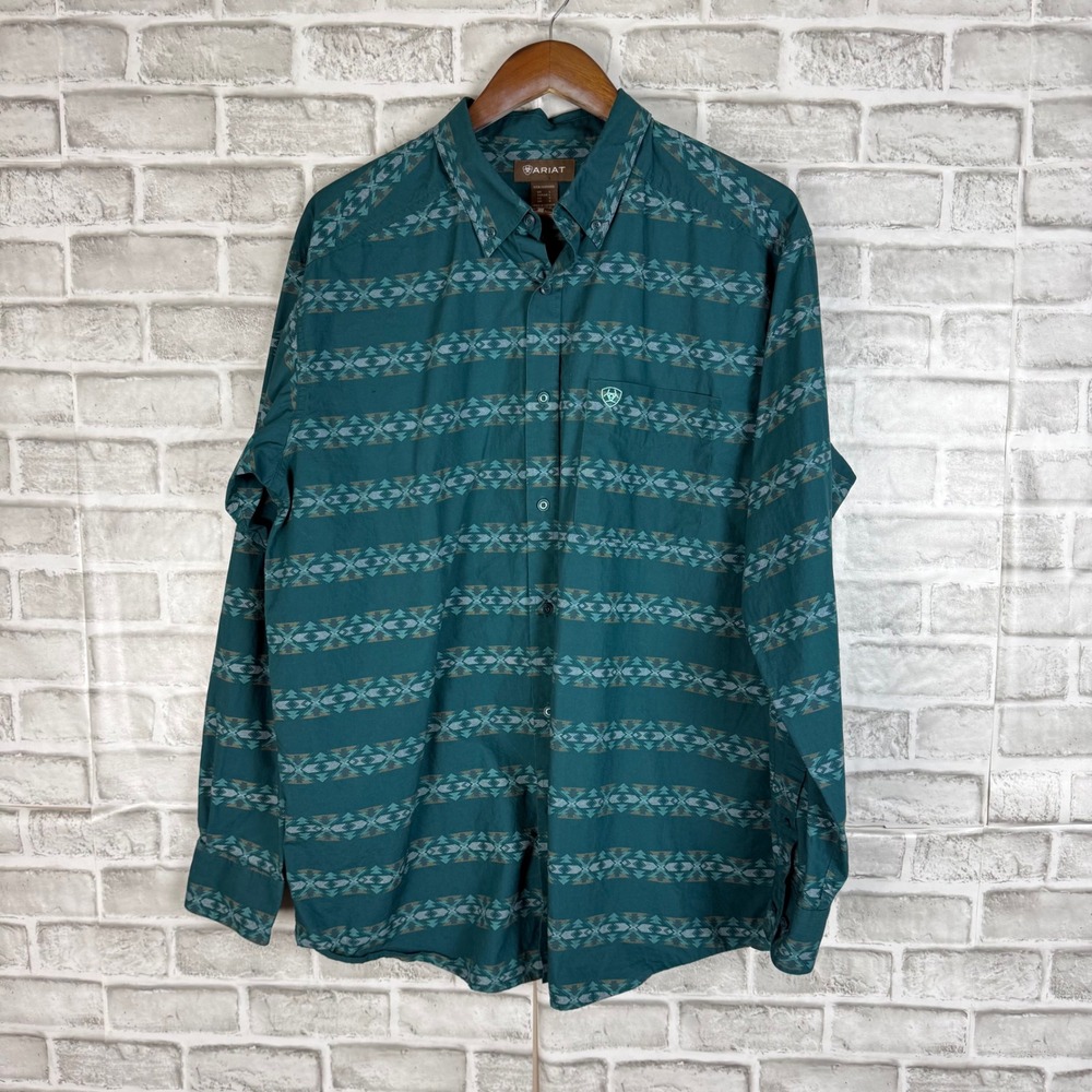 Ariat Mens Teal Green Southwestern Print Cotton Western Button Down Shirt Large